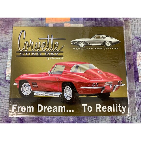 Other - Corvette Sting Ray By Chevrolet Metal 16x12.5 Sign Wall Decor Bar Man Cave Shop